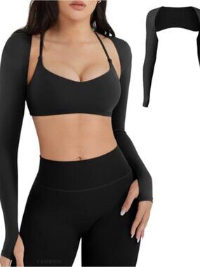 Women's Seamless Crop Top Long Sleeve Bolero Open Front Shrug Thumb Holes High